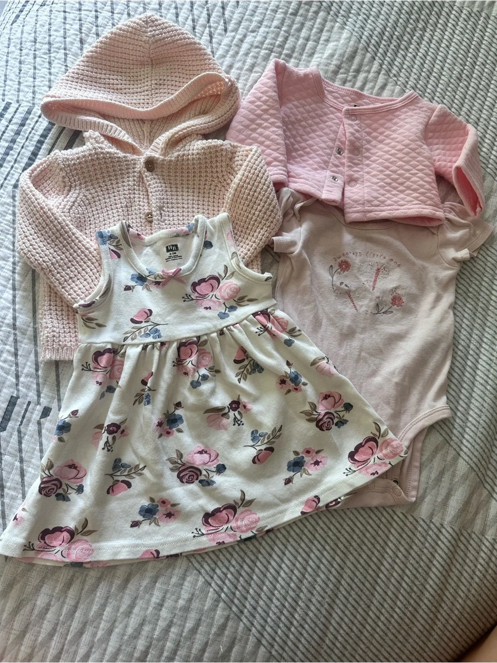 Carter's Pink and Cream Floral Tank Dress with Pink Knit Cardigan Set